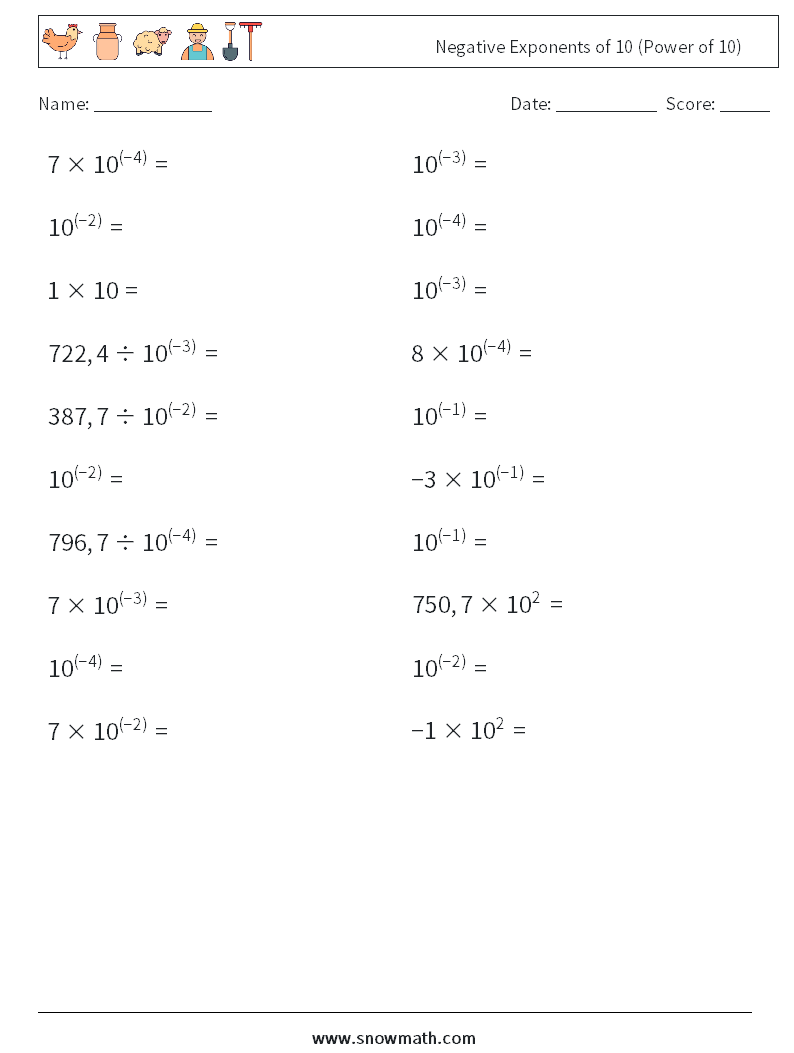 Negative Exponents of 10 (Power of 10) Maths Worksheets 2