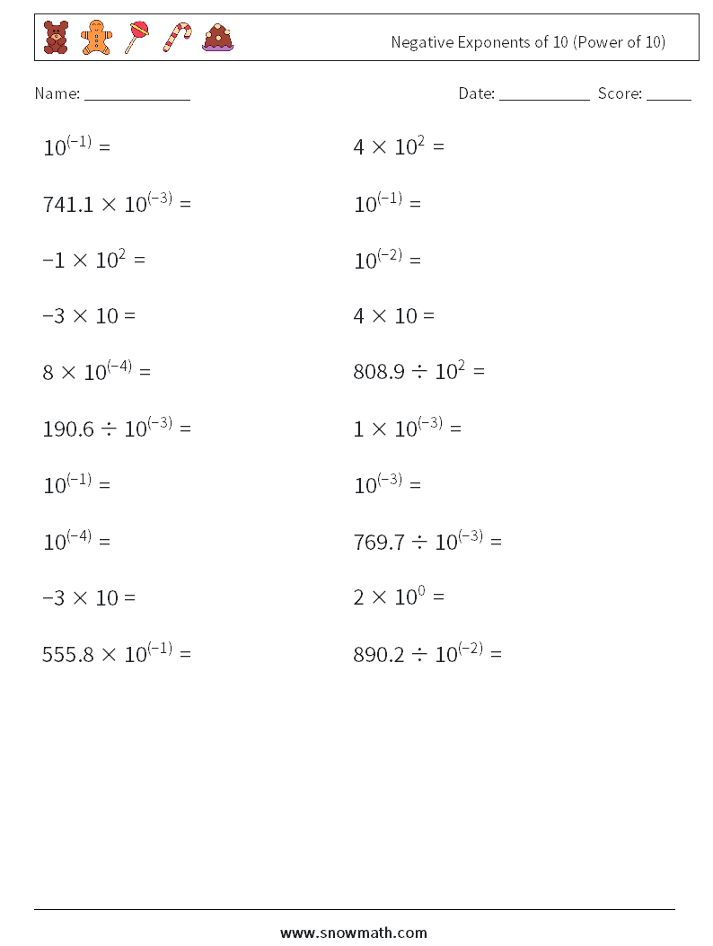 Negative Exponents of 10 (Power of 10) Math Worksheets 4