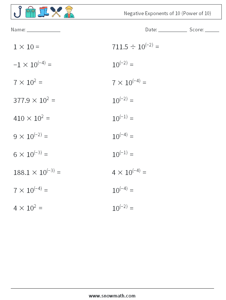 Negative Exponents of 10 (Power of 10) Math Worksheets 5