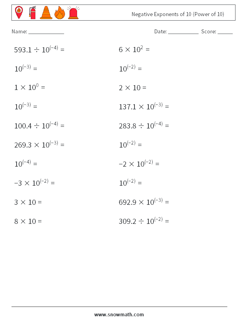 Negative Exponents of 10 (Power of 10) Math Worksheets 6