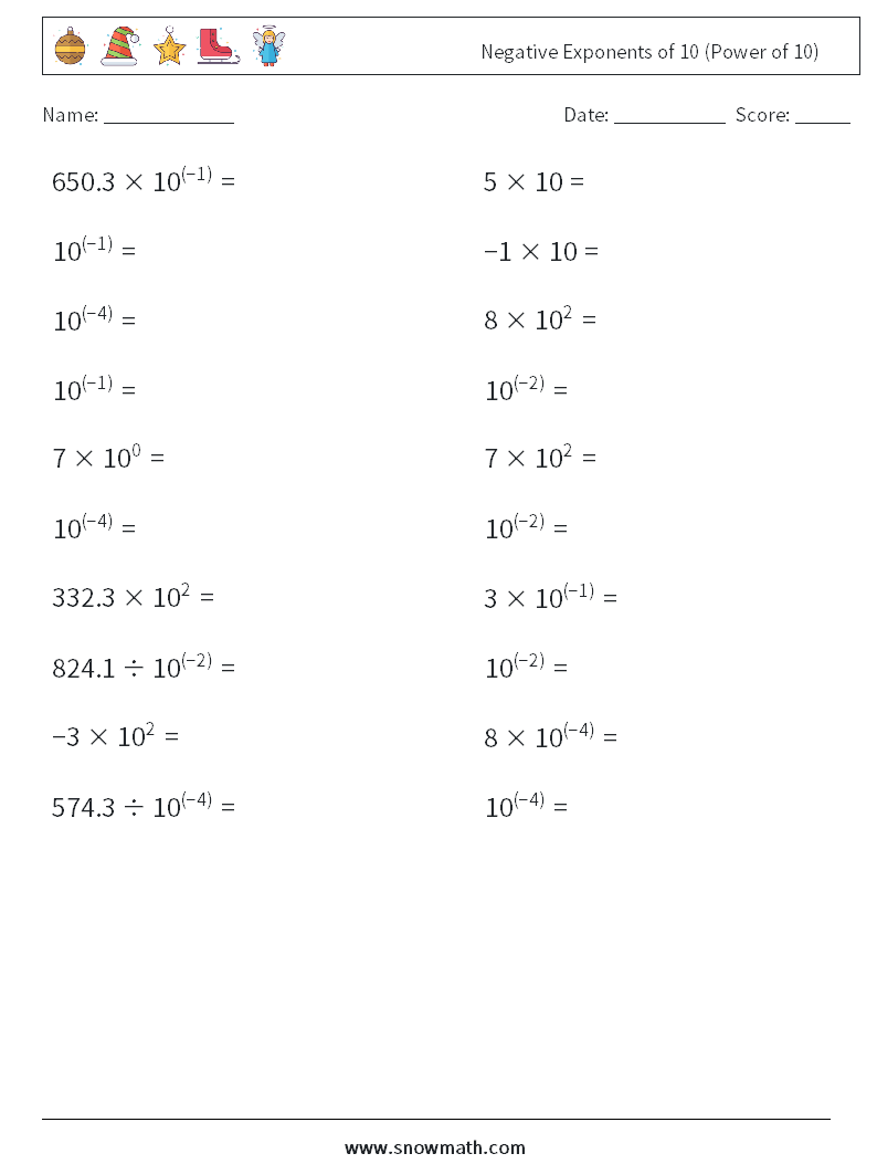Negative Exponents of 10 (Power of 10) Math Worksheets 8