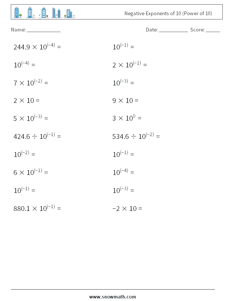 Negative Exponents of 10 (Power of 10) Math Worksheets 9