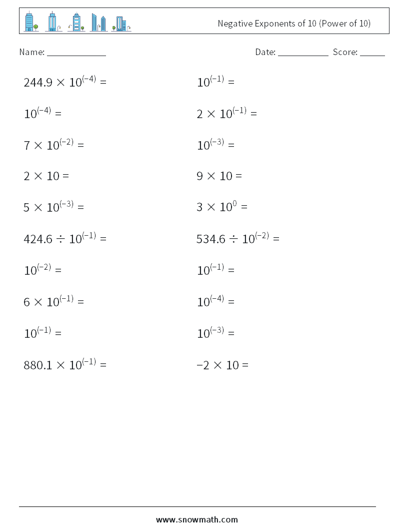 Negative Exponents of 10 (Power of 10) Maths Worksheets 9