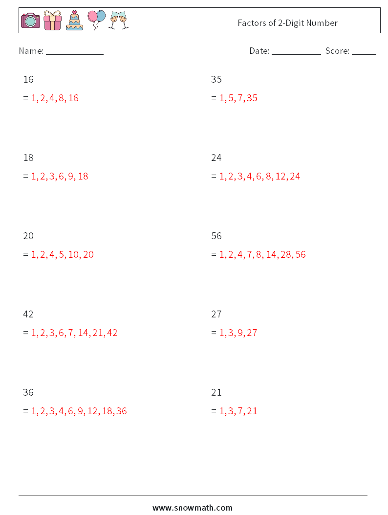 Factors of 2-Digit Number Math Worksheets 1 Question, Answer