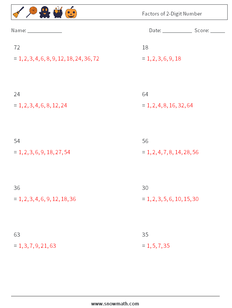 Factors of 2-Digit Number Math Worksheets 2 Question, Answer