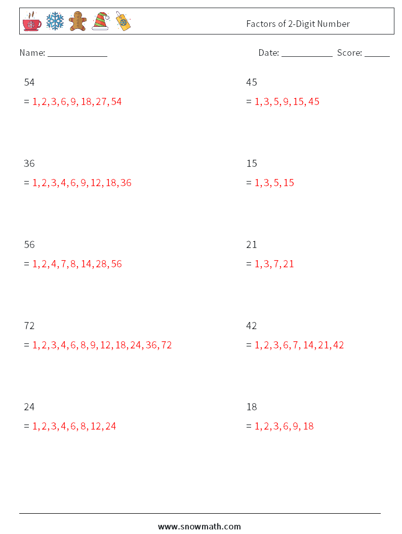 Factors of 2-Digit Number Math Worksheets 3 Question, Answer