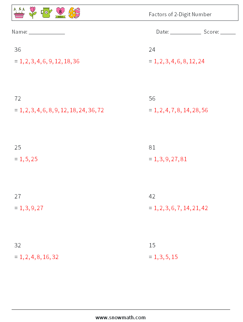 Factors of 2-Digit Number Math Worksheets 4 Question, Answer