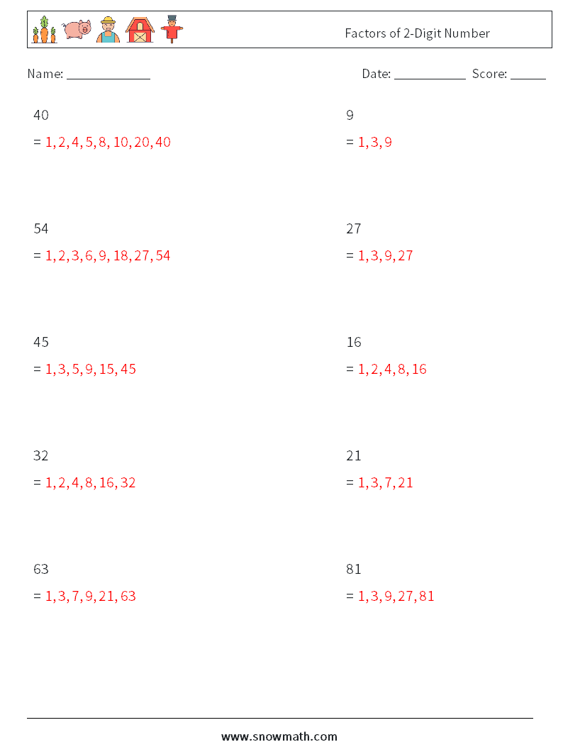 Factors of 2-Digit Number Math Worksheets 5 Question, Answer
