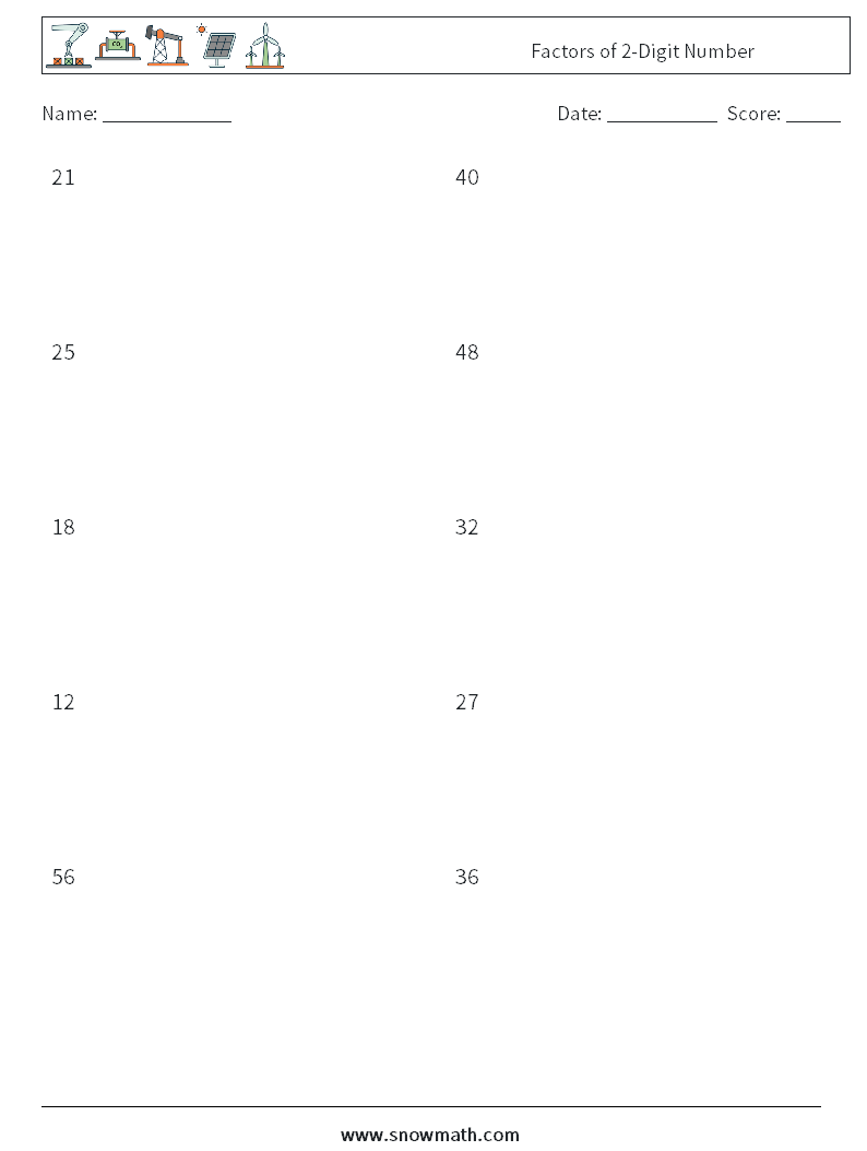 Factors of 2-Digit Number Math Worksheets 6