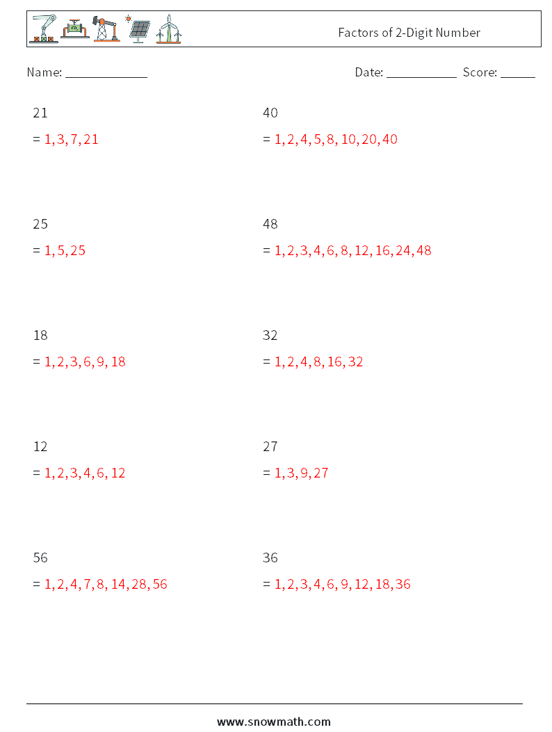 Factors of 2-Digit Number Math Worksheets 6 Question, Answer