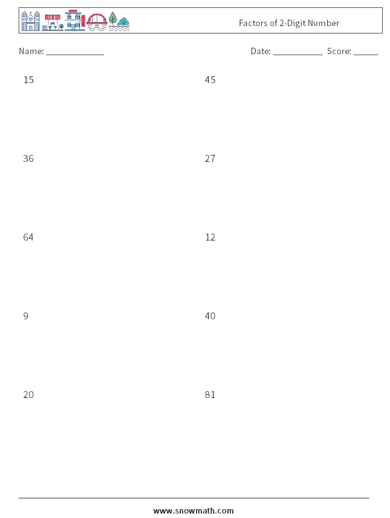 Factors of 2-Digit Number Math Worksheets 7