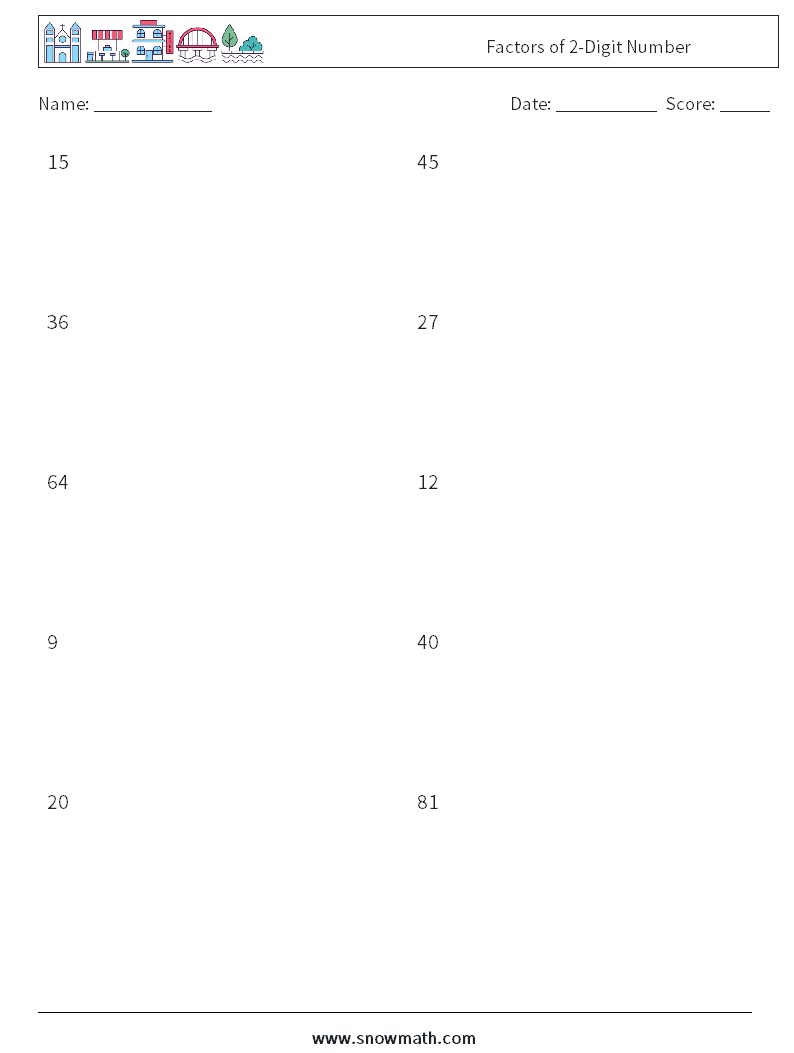 Factors of 2-Digit Number Maths Worksheets 7