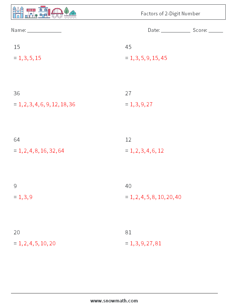 Factors of 2-Digit Number Math Worksheets 7 Question, Answer