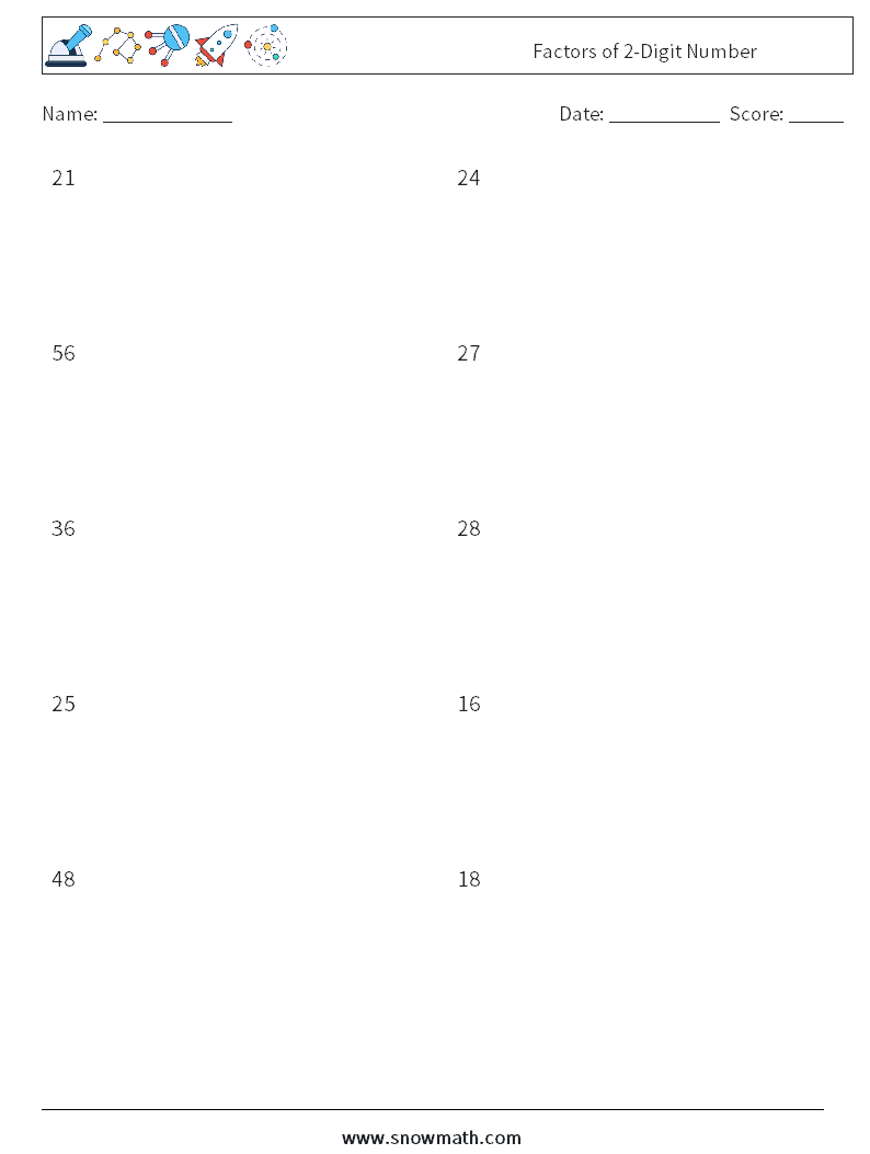 Factors of 2-Digit Number Math Worksheets 8