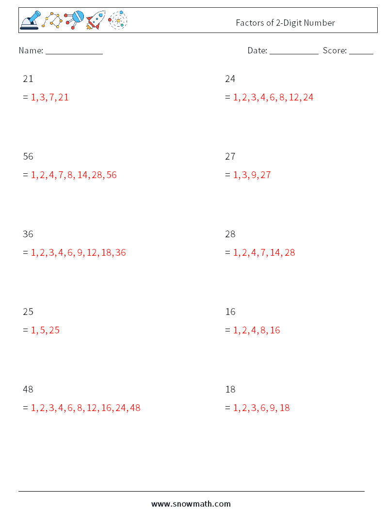 Factors of 2-Digit Number Math Worksheets 8 Question, Answer