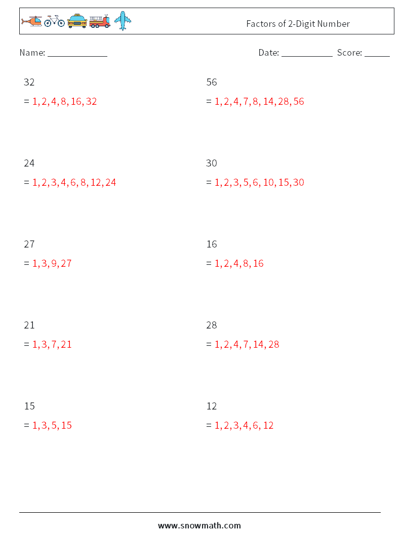 Factors of 2-Digit Number Math Worksheets 9 Question, Answer