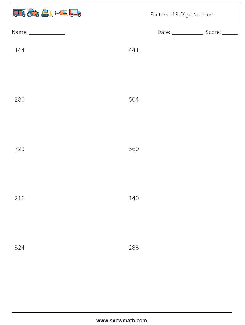 Factors of 3-Digit Number Math Worksheets 1