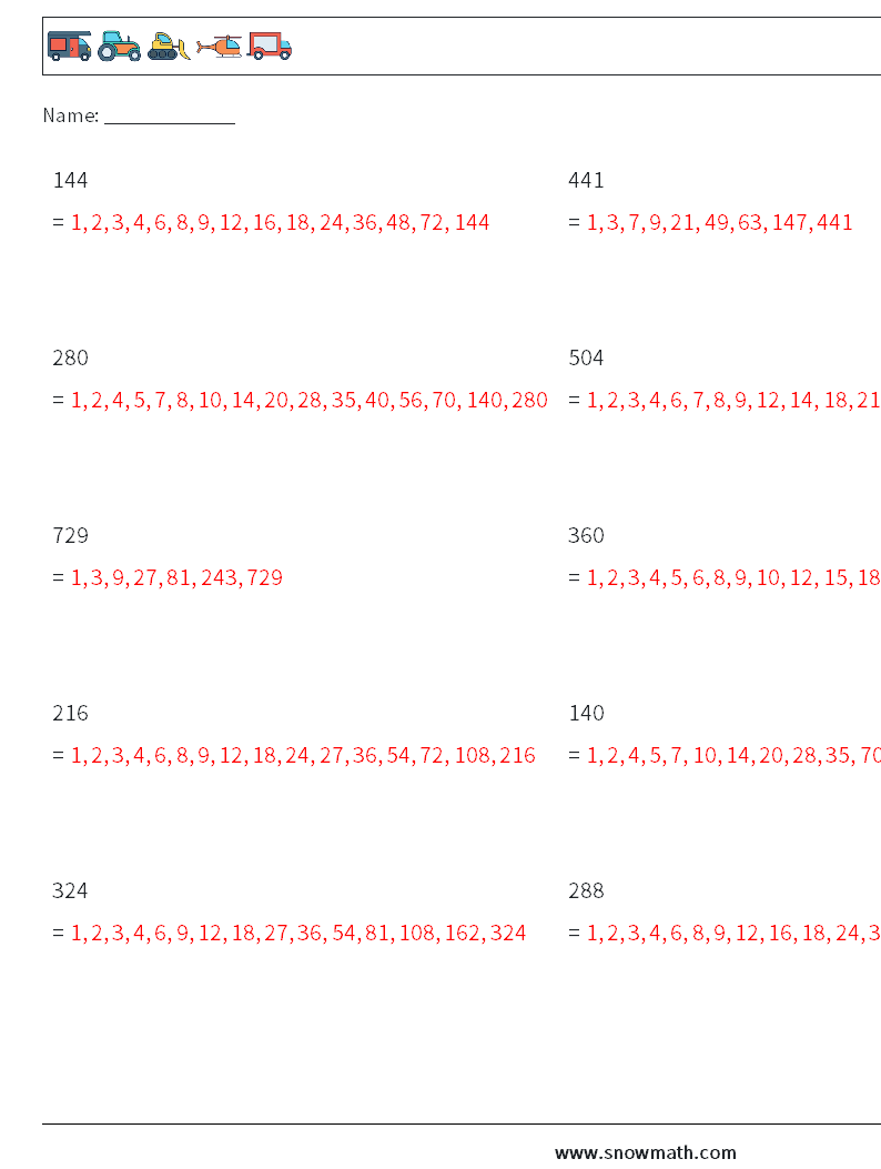 Factors of 3-Digit Number Math Worksheets 1 Question, Answer