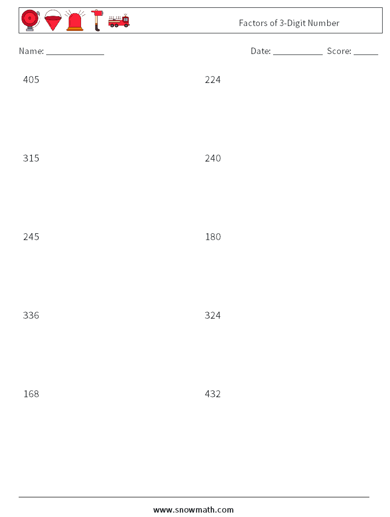 Factors of 3-Digit Number Math Worksheets 2