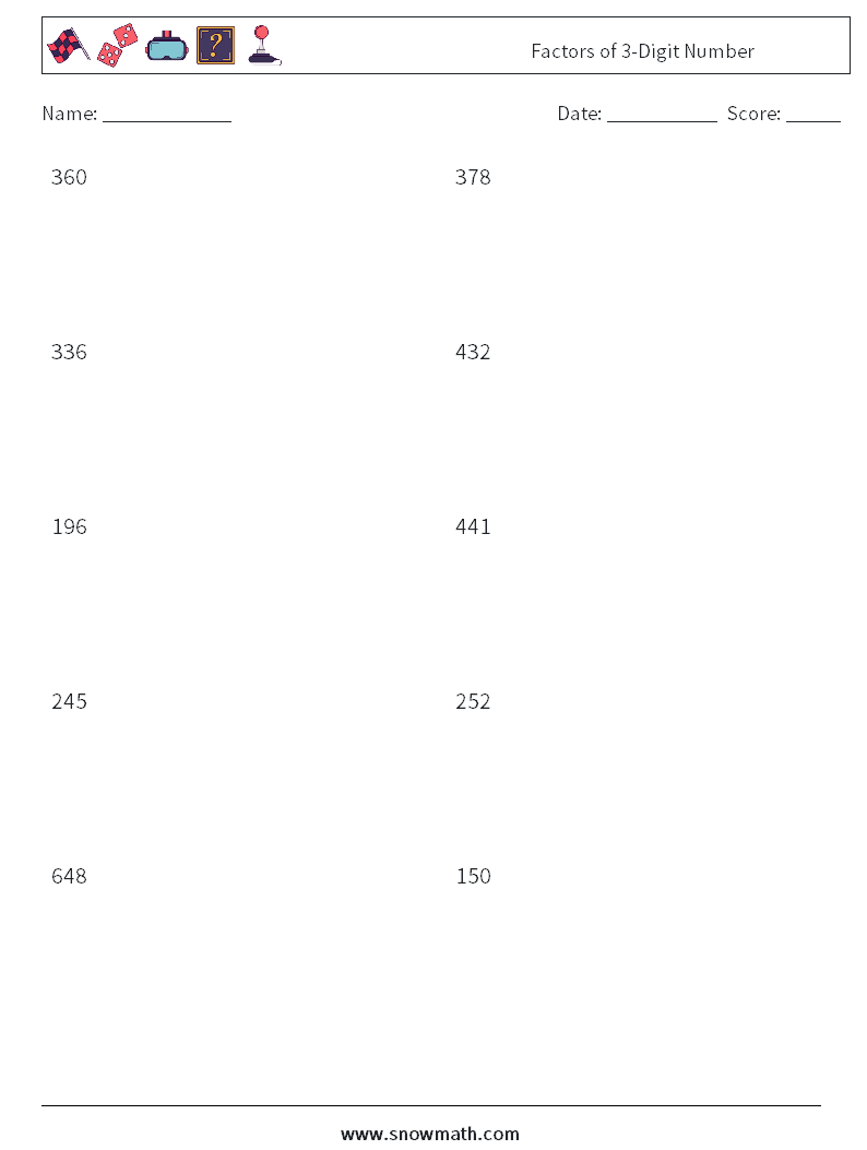 Factors of 3-Digit Number Math Worksheets 4