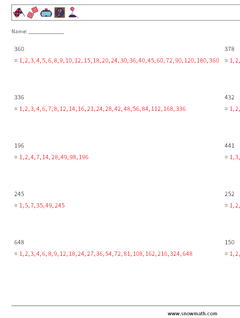 Factors of 3-Digit Number Math Worksheets 4 Question, Answer