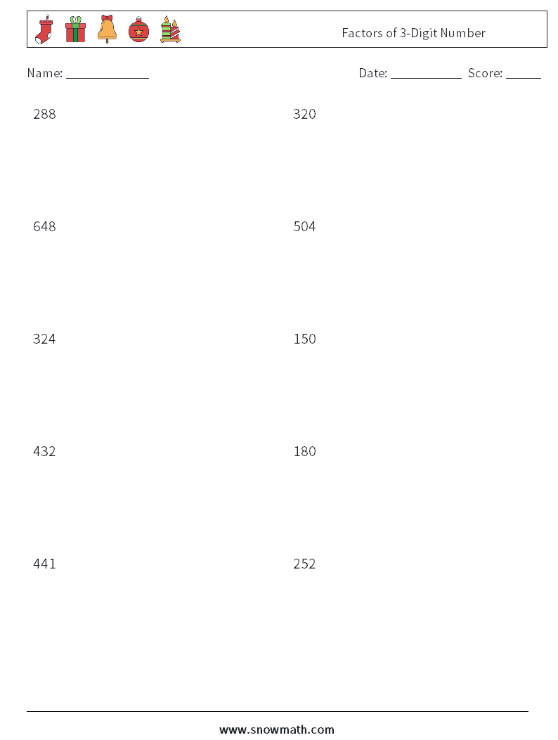 Factors of 3-Digit Number Math Worksheets 5