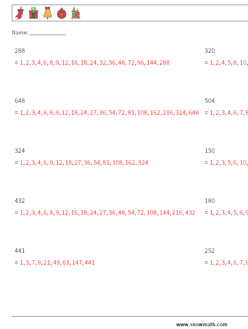 Factors of 3-Digit Number Math Worksheets 5 Question, Answer