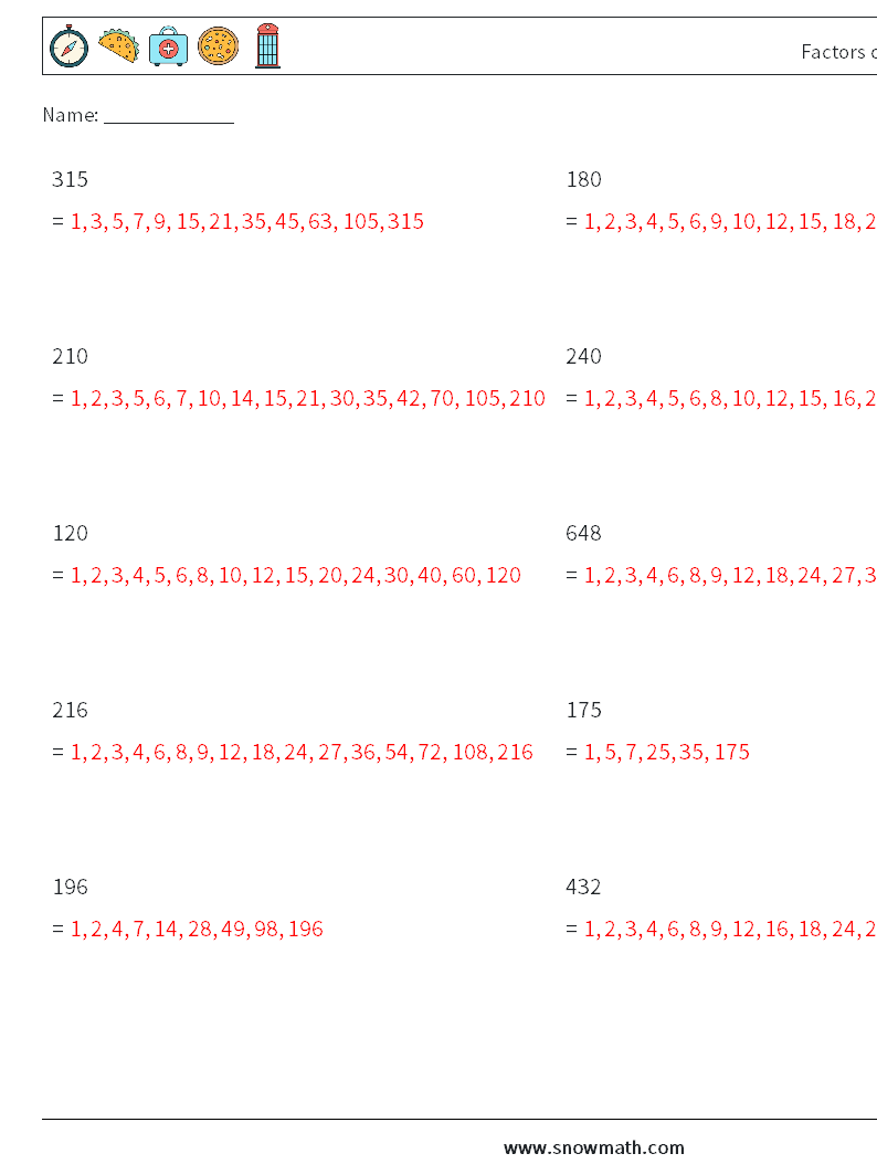 Factors of 3-Digit Number Math Worksheets 6 Question, Answer