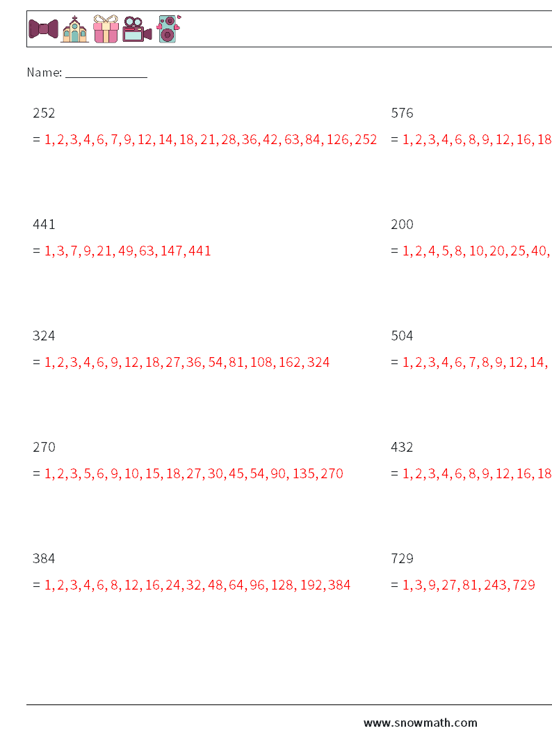 Factors of 3-Digit Number Math Worksheets 7 Question, Answer