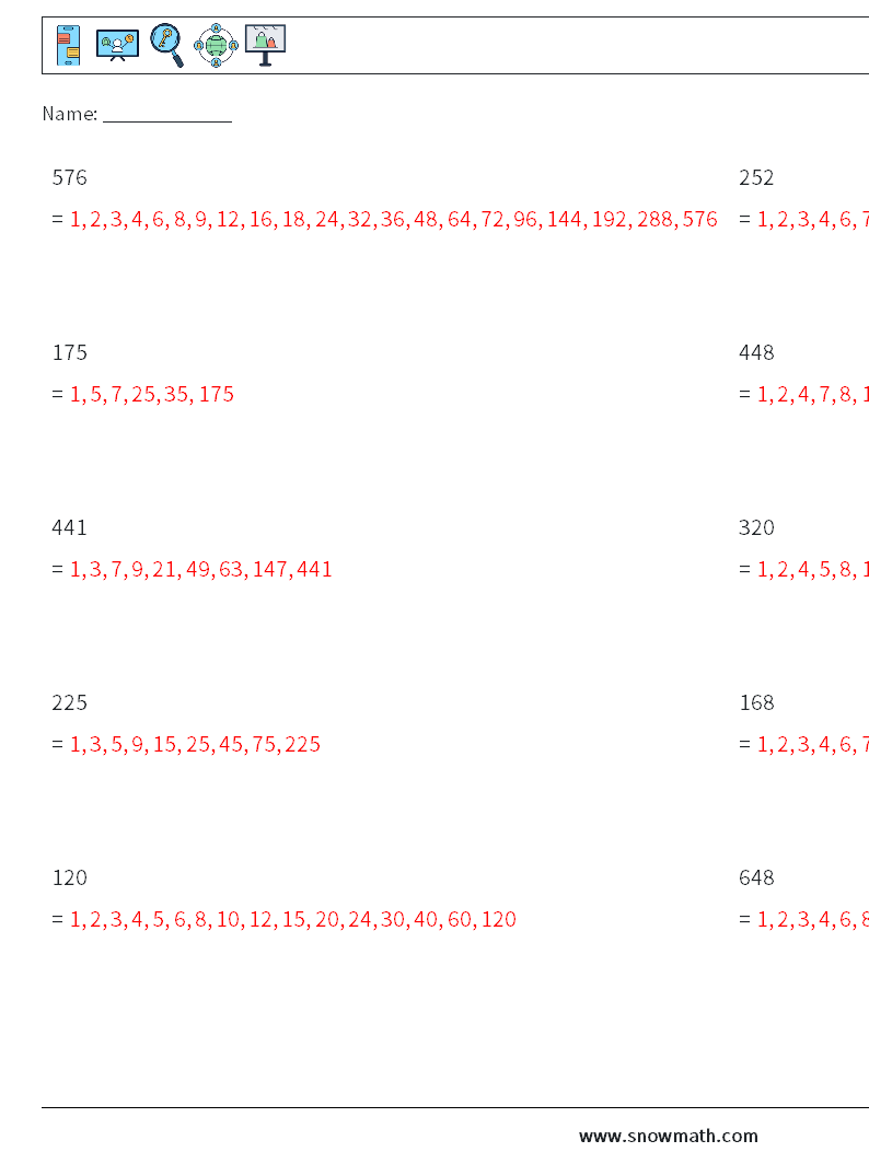 Factors of 3-Digit Number Math Worksheets 8 Question, Answer