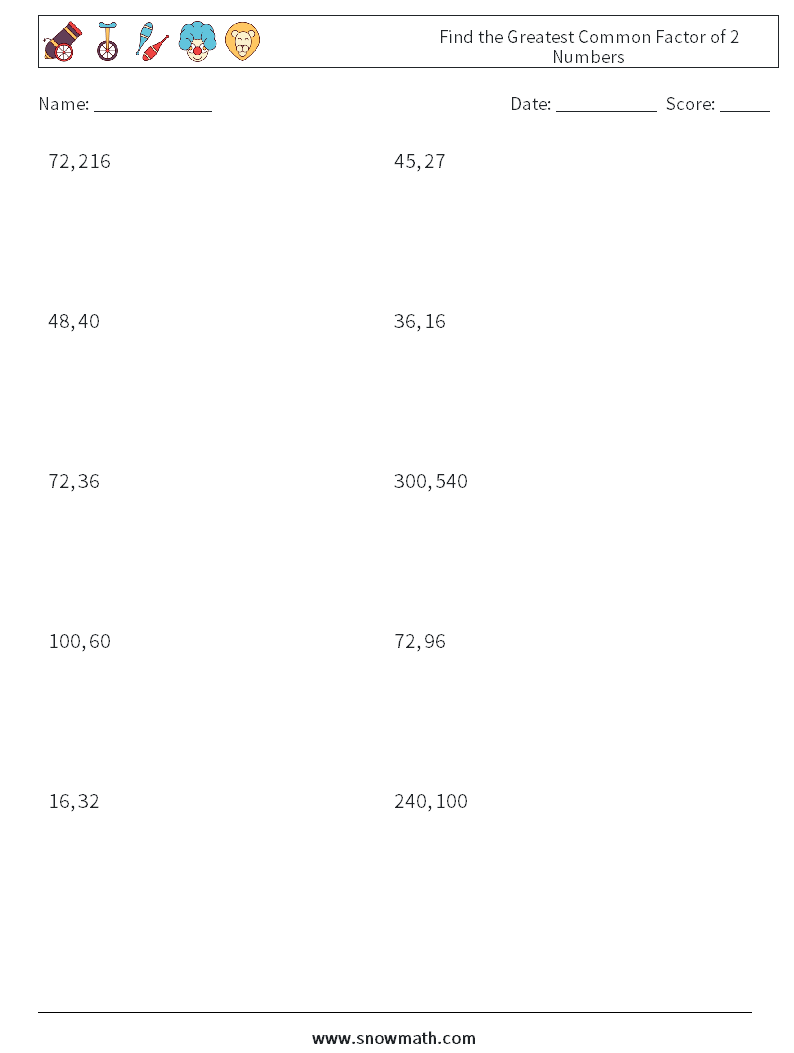 Find the Greatest Common Factor of 2 Numbers Math Worksheets 1