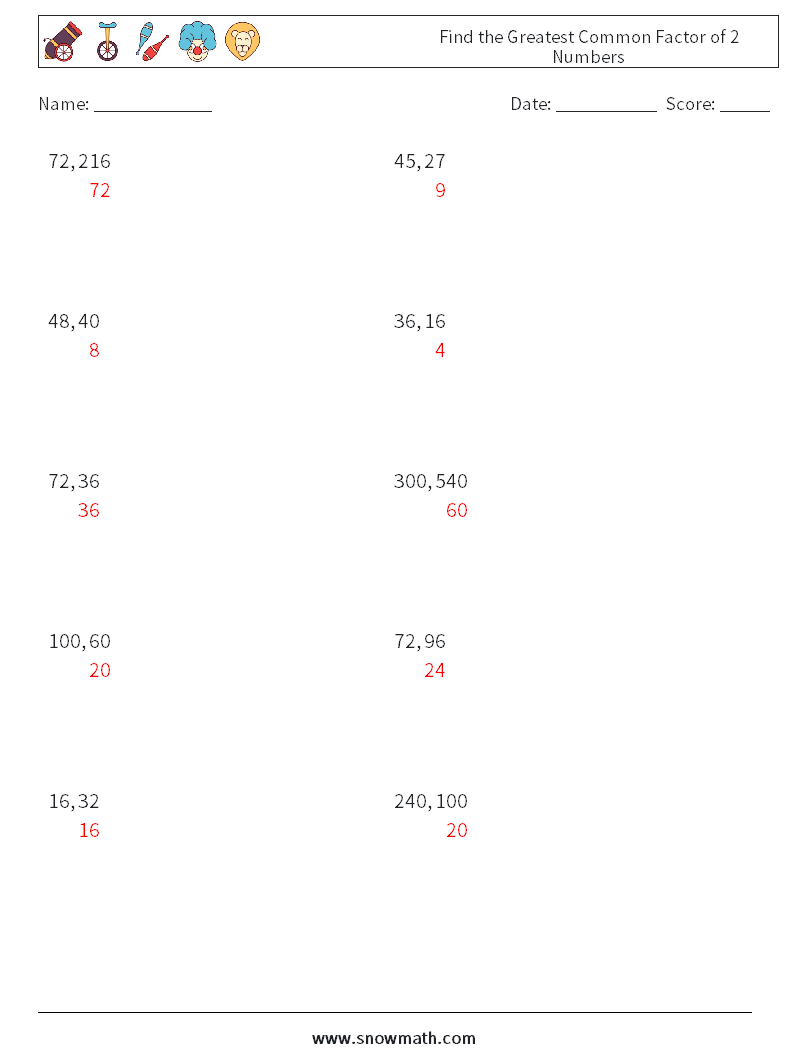 Find the Greatest Common Factor of 2 Numbers Math Worksheets 1 Question, Answer