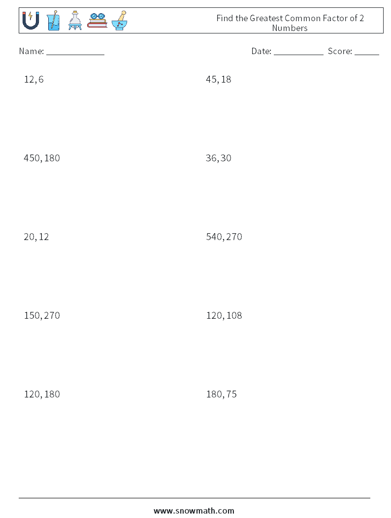 Find the Greatest Common Factor of 2 Numbers Math Worksheets 2