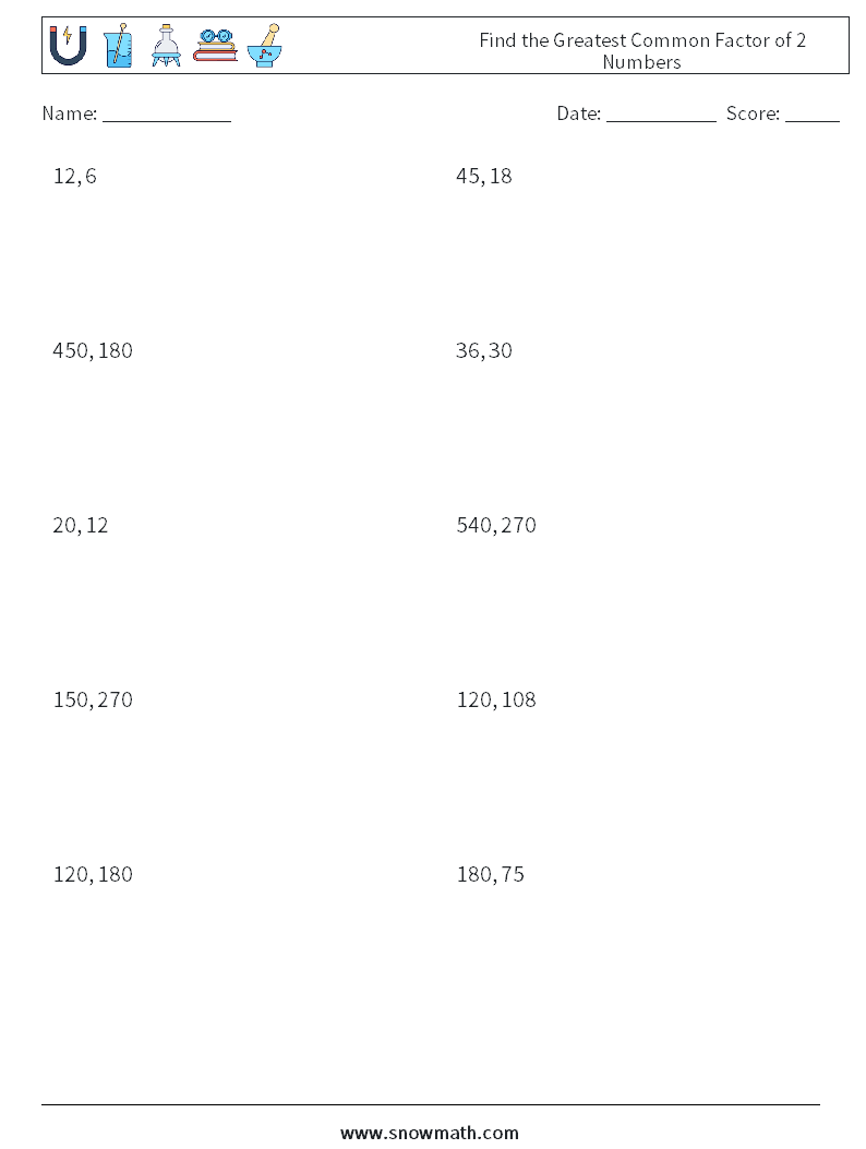 Find the Greatest Common Factor of 2 Numbers Maths Worksheets 2