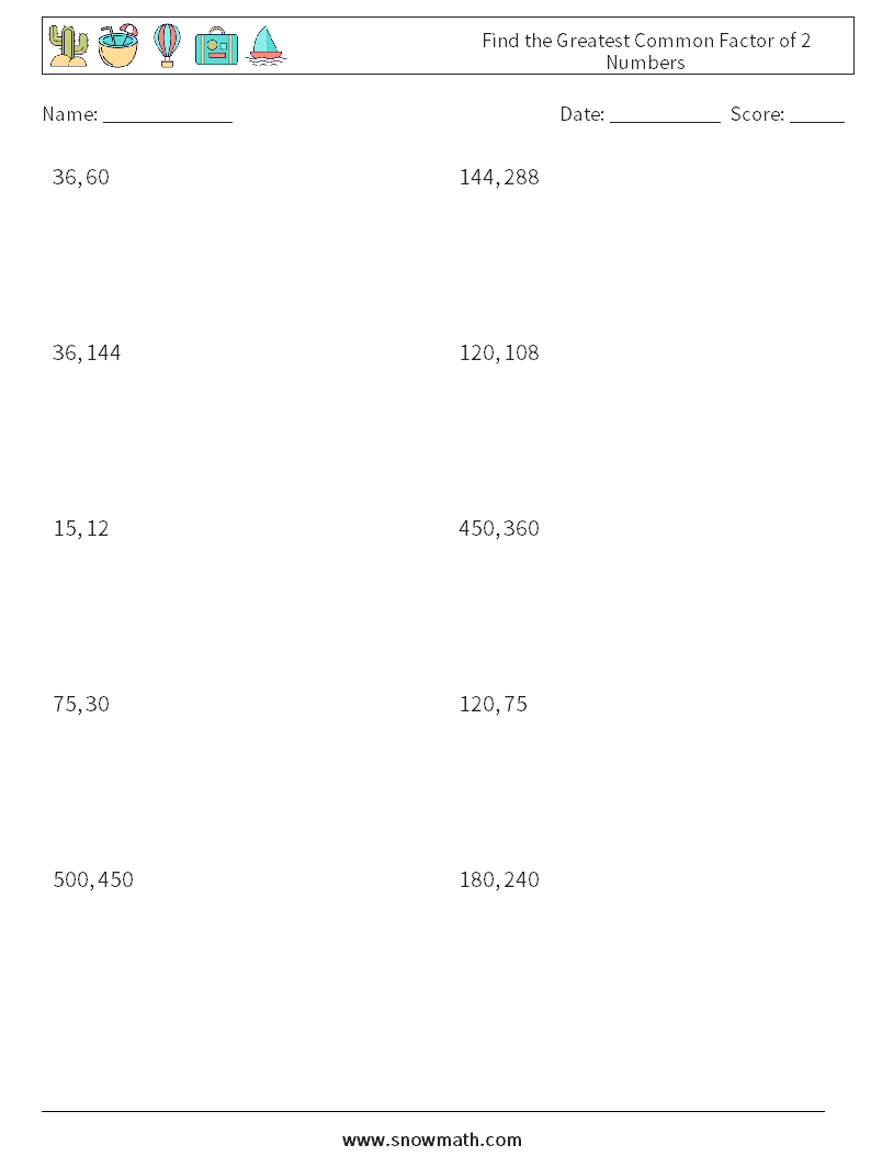 Find the Greatest Common Factor of 2 Numbers Math Worksheets 3