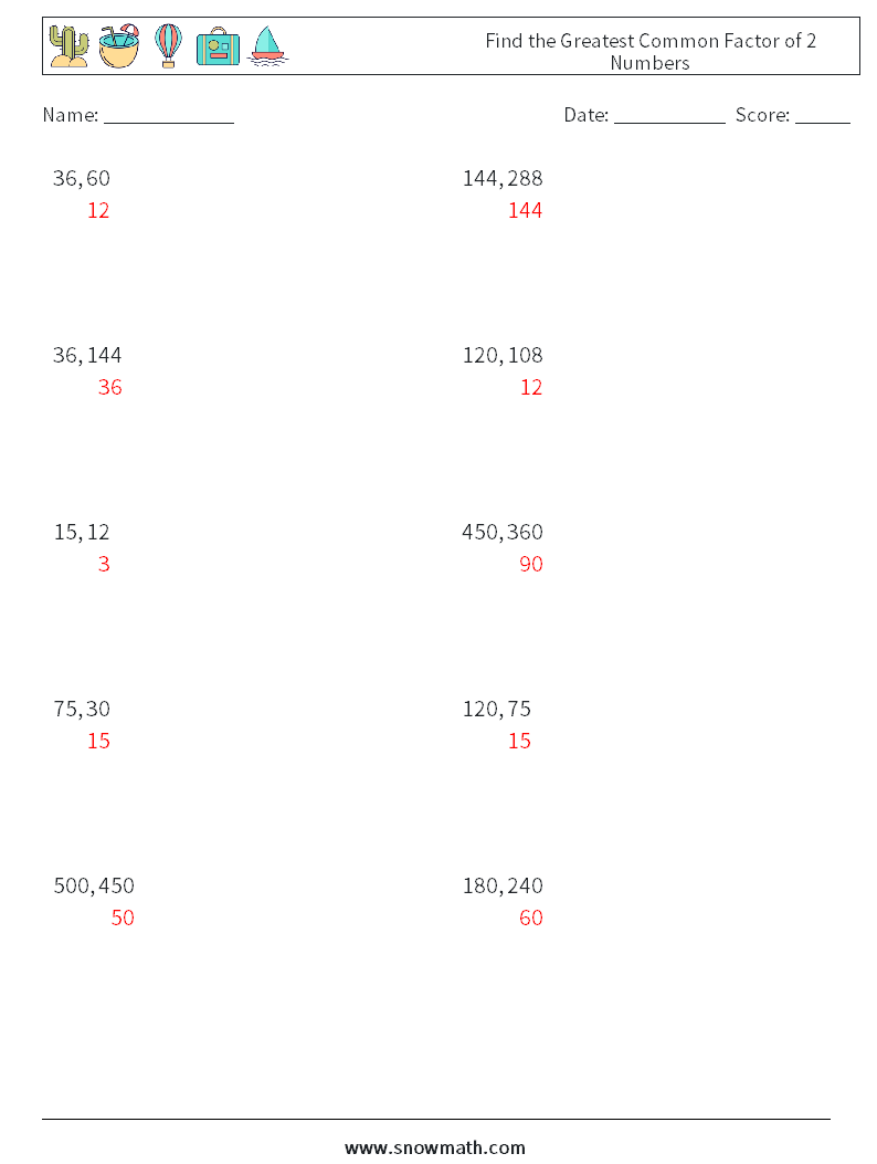 Find the Greatest Common Factor of 2 Numbers Math Worksheets 3 Question, Answer