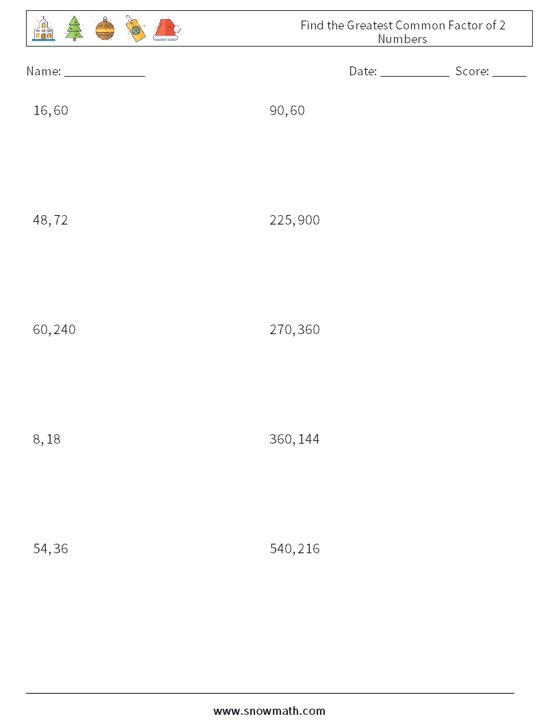 Find the Greatest Common Factor of 2 Numbers Math Worksheets 4