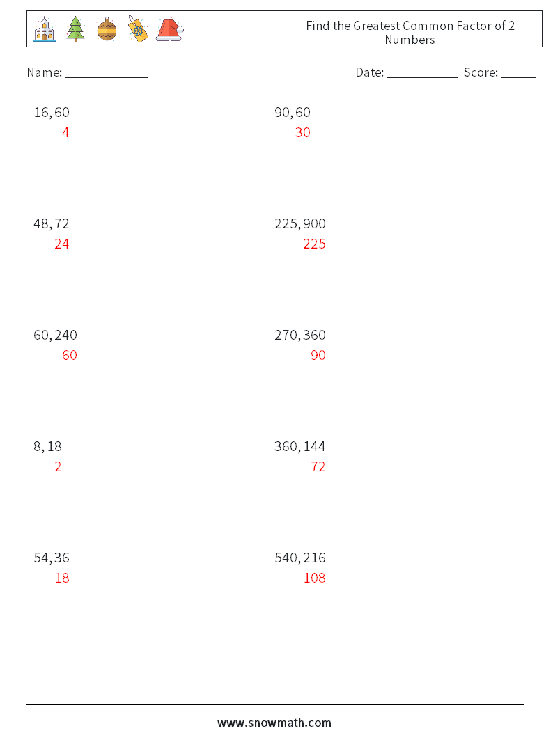 Find the Greatest Common Factor of 2 Numbers Math Worksheets 4 Question, Answer