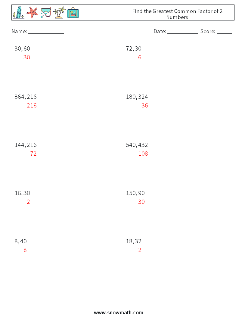 Find the Greatest Common Factor of 2 Numbers Math Worksheets 5 Question, Answer