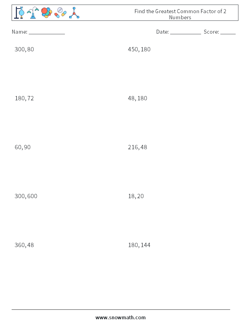 Find the Greatest Common Factor of 2 Numbers Math Worksheets 6