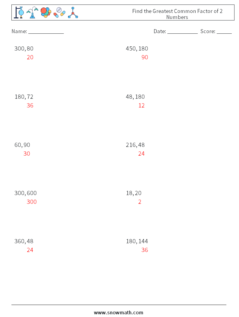 Find the Greatest Common Factor of 2 Numbers Math Worksheets 6 Question, Answer