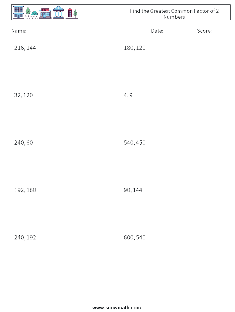 Find the Greatest Common Factor of 2 Numbers Math Worksheets 7