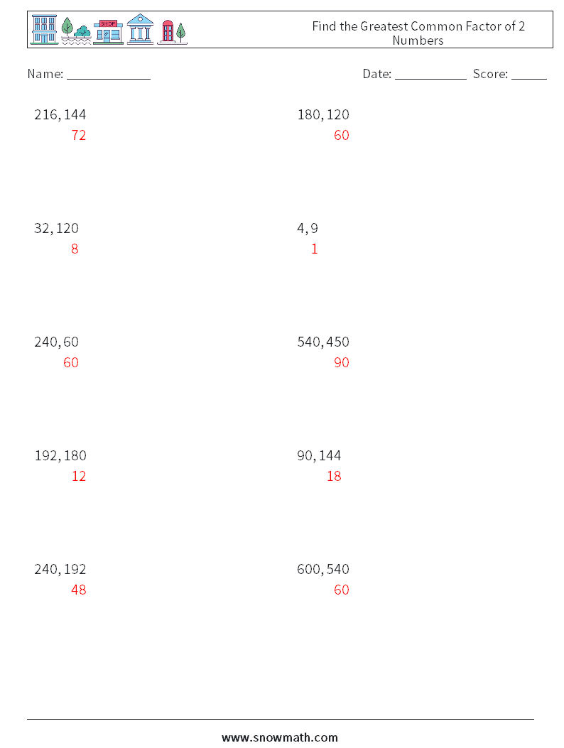 Find the Greatest Common Factor of 2 Numbers Math Worksheets 7 Question, Answer