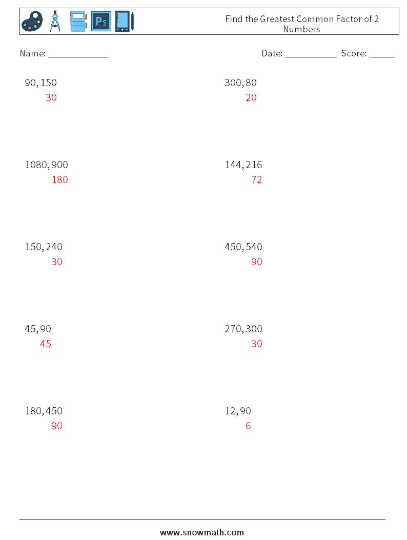 Find the Greatest Common Factor of 2 Numbers Math Worksheets 9 Question, Answer