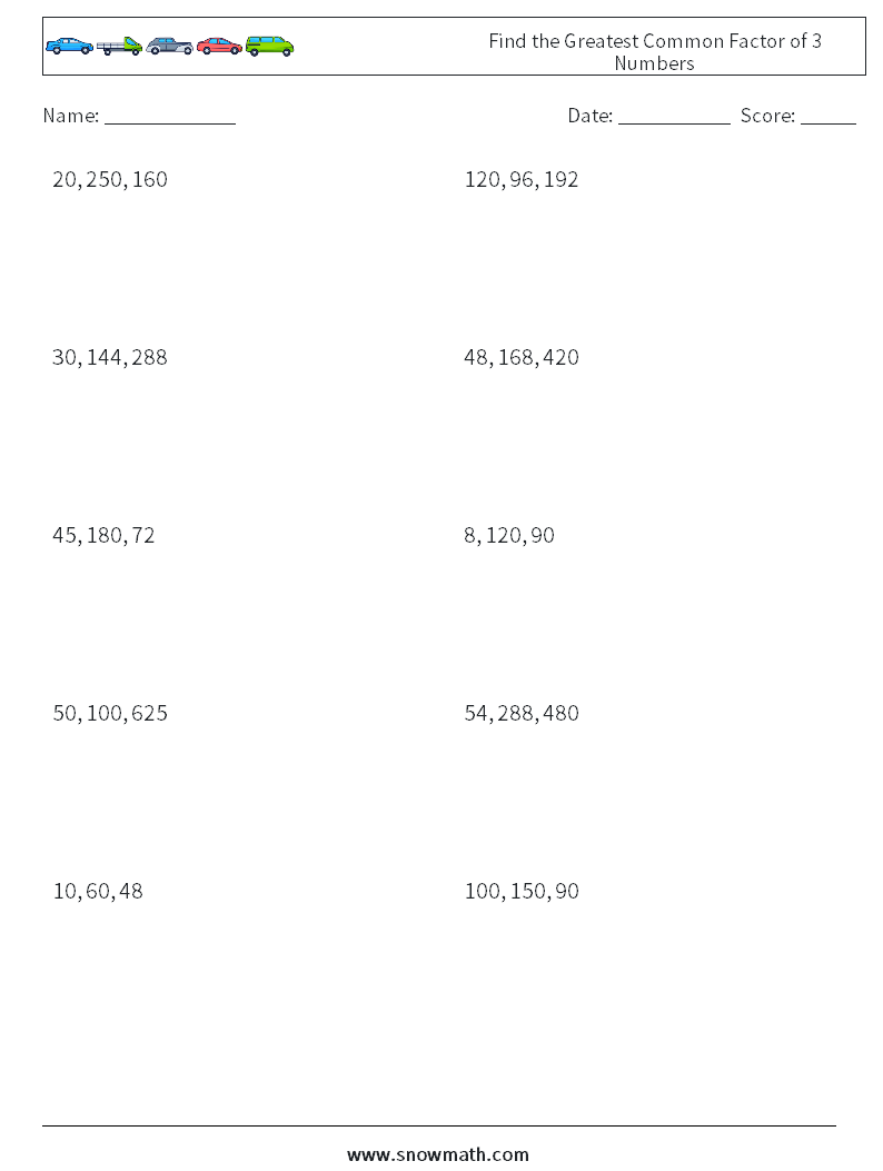 Find the Greatest Common Factor of 3 Numbers Math Worksheets 2