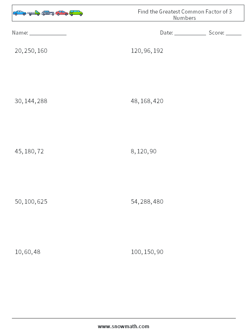 Find the Greatest Common Factor of 3 Numbers Maths Worksheets 2