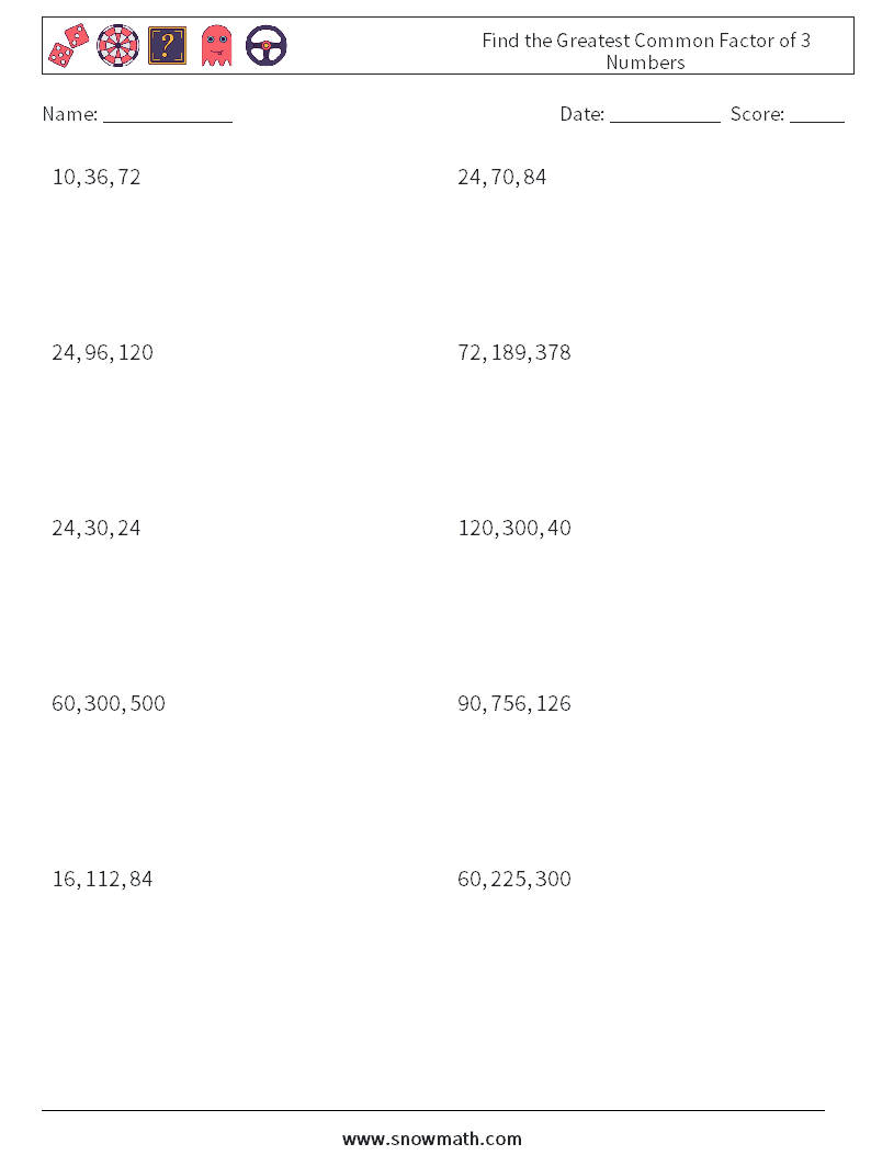 Find the Greatest Common Factor of 3 Numbers Maths Worksheets 4