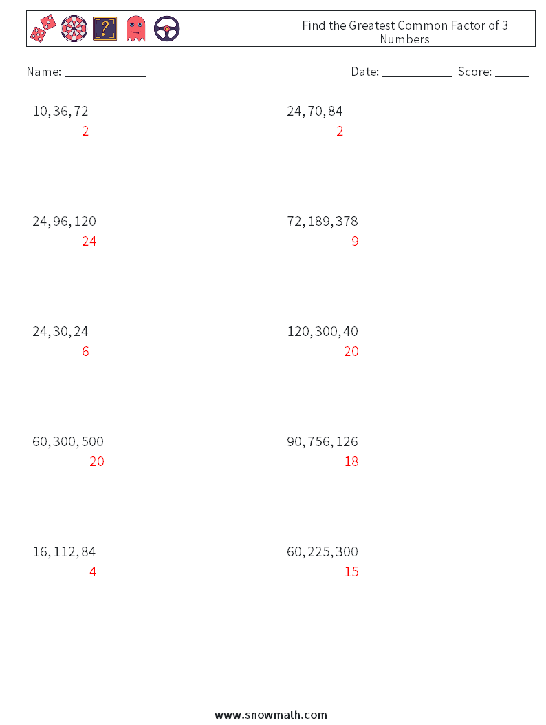 Find the Greatest Common Factor of 3 Numbers Math Worksheets 4 Question, Answer