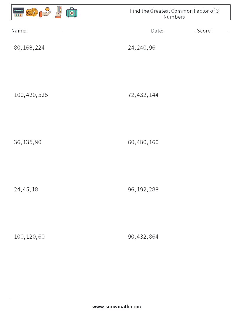 Find the Greatest Common Factor of 3 Numbers Math Worksheets 5