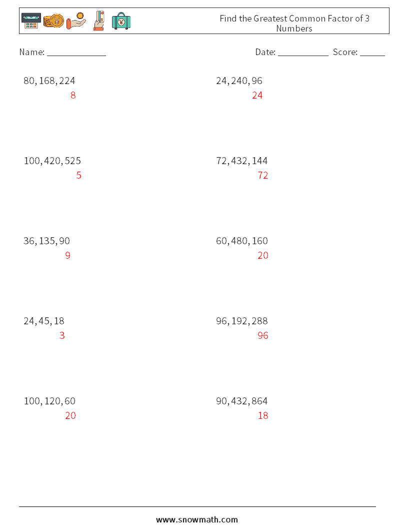 Find the Greatest Common Factor of 3 Numbers Math Worksheets 5 Question, Answer